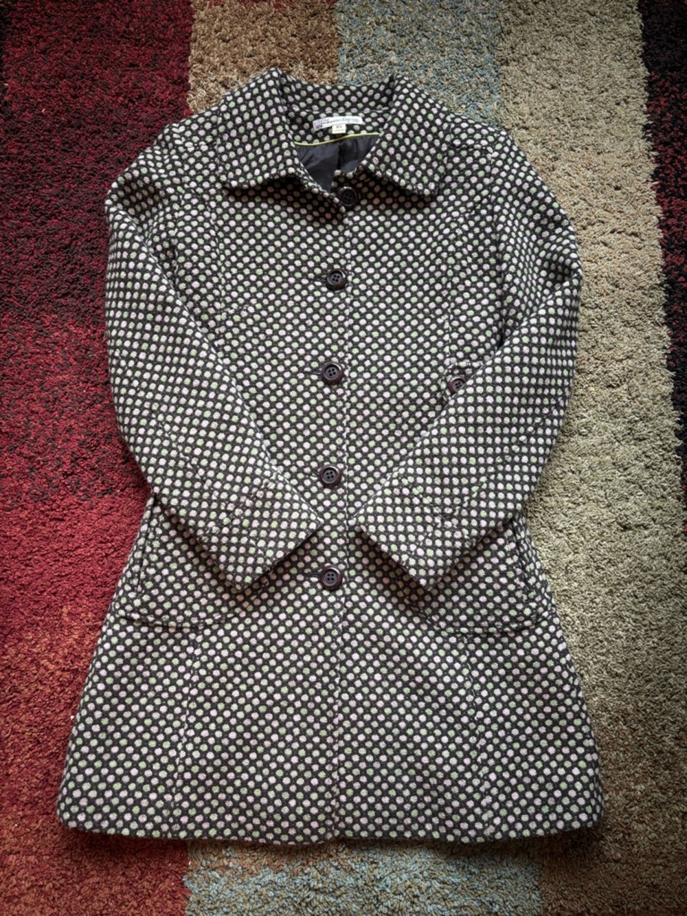 American Rag dress coat size XS brown honeycomb pattern, pink and lime